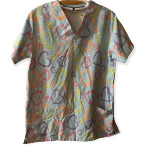 Scrub Shirt Top Women’s Size Medium Fundamentals Blue Hearts‎ V-Neck Pull Over
